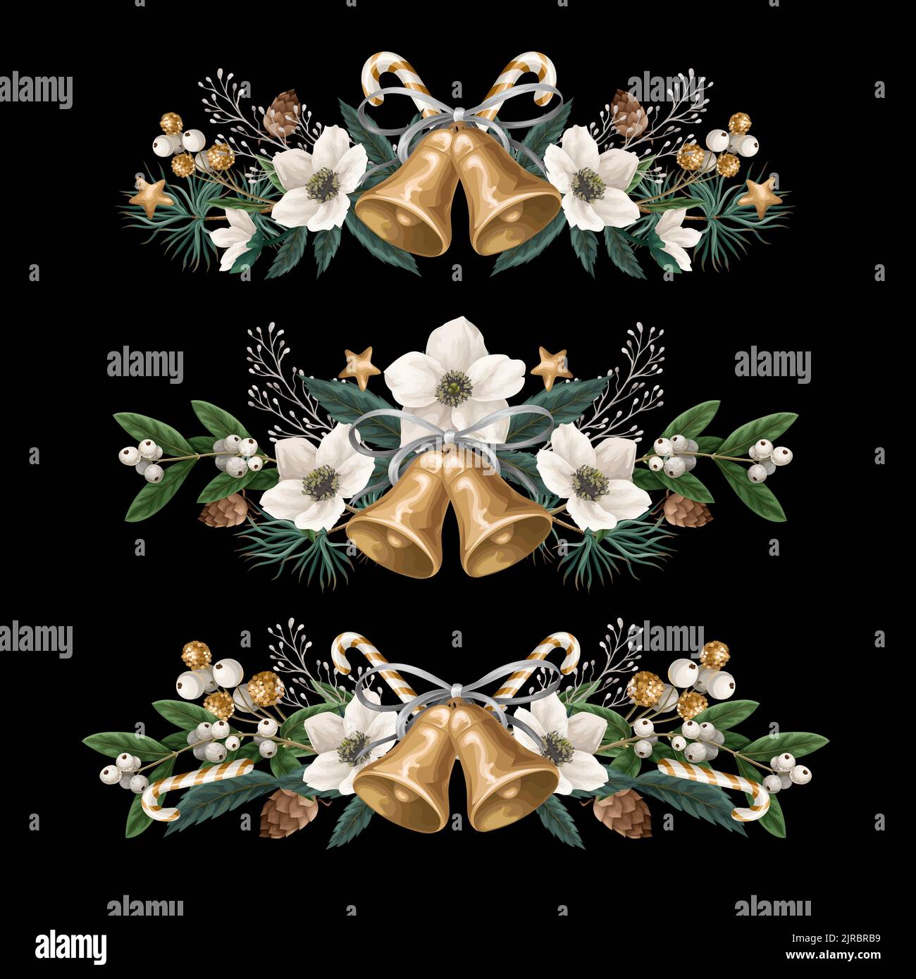 Christmas wreath with botanical plants, flowers and bells isolated ...