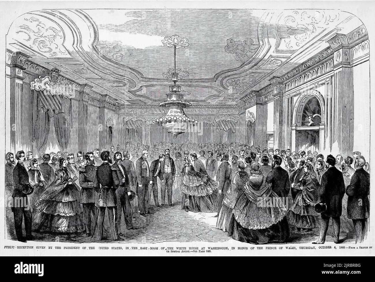 Public reception given by the President of the United States, in the East Room of the White House at Washington, in honor of the Prince of Wales, October 4th, 1860. Visit of the Prince of Wales, Edward Albert, to America. 19th century illustration from Frank Leslie's Illustrated Newspaper Stock Photo