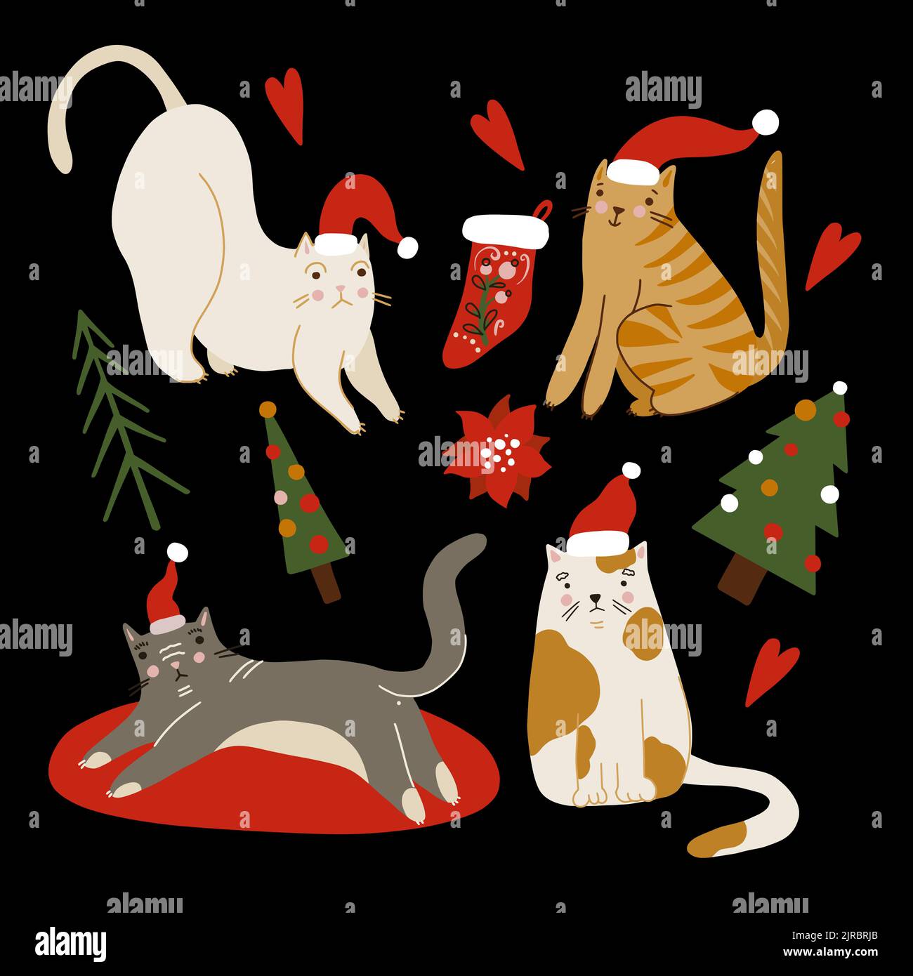 Holiday elements and cats Merry - Holiday Elements And Cats Merry Christmas Print 2JRBRJB 