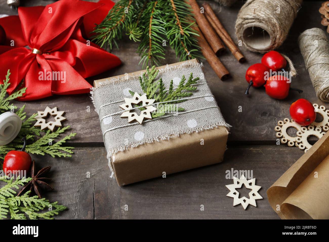 Accessories needed to beautifully pack Christmas presents. Festive time Stock Photo