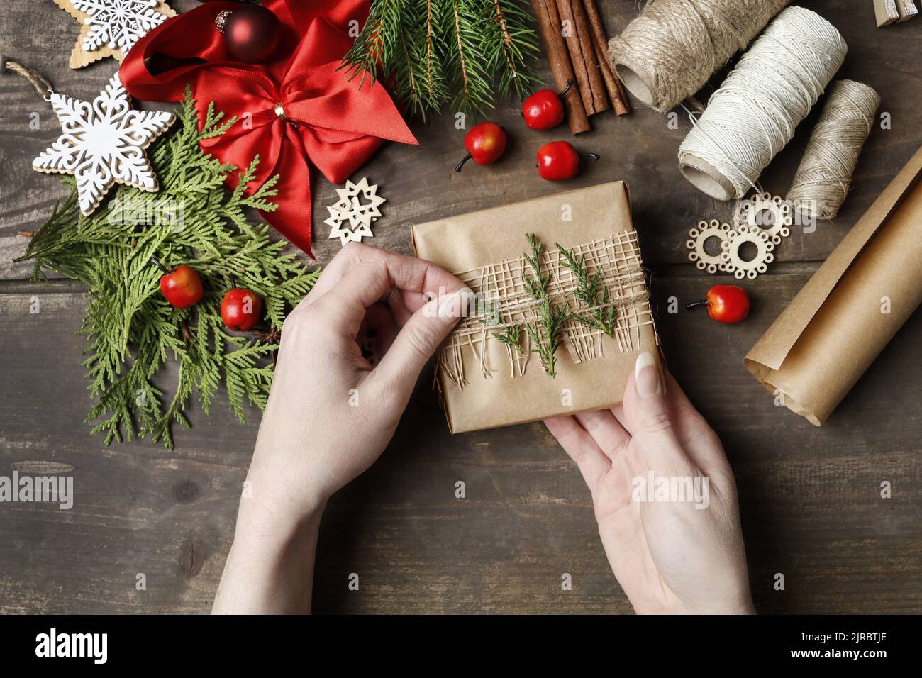 Accessories needed to beautifully pack Christmas presents. Festive time Stock Photo