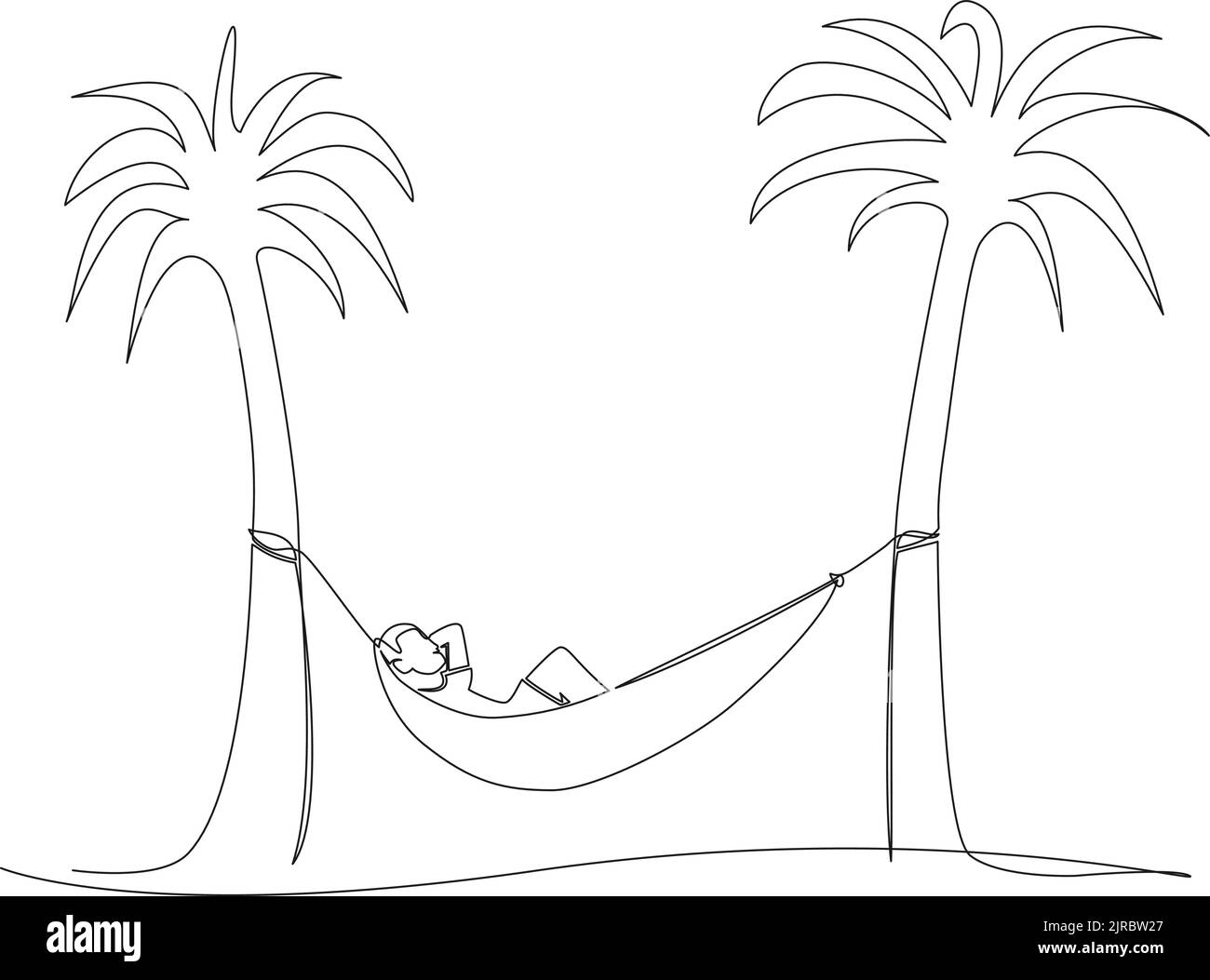 continuous single line drawing of person relaxing in hammock between palm trees, line art vector illustration Stock Vector