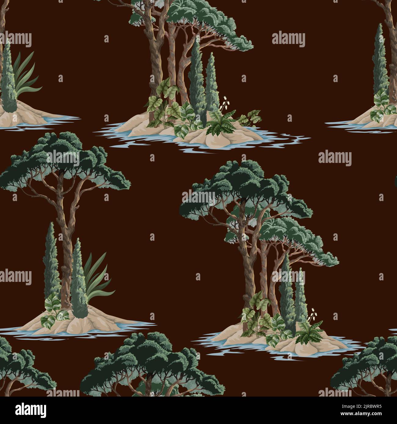 Seamless pattern with pine trees, bushes and plant. Vector. Stock Vector