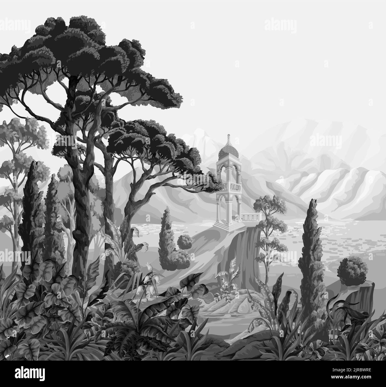 Landscape with mountains, sea, trees and alcove. Monochrome interior print. Stock Vector