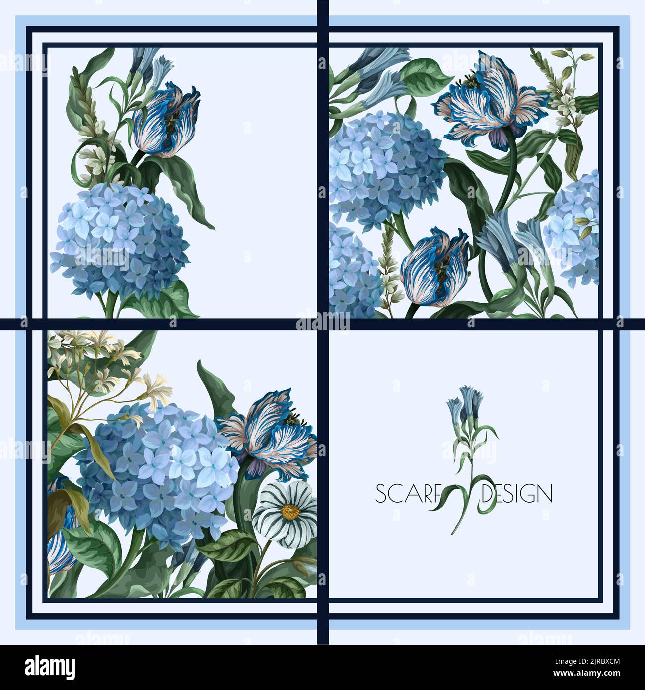 Design scarf with blue hydrangeas anf other flowers. Vector. Stock Vector