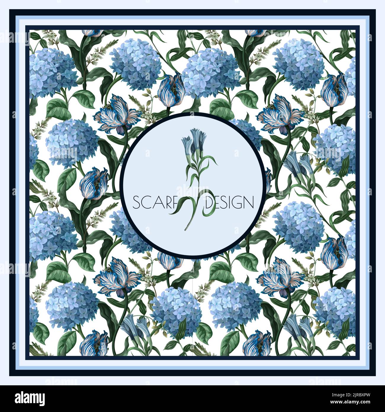 Design scarf with blue hydrangeas anf other flowers. Vector. Stock Vector