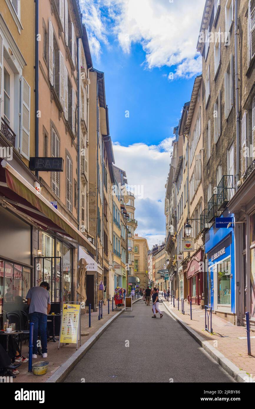 Shops, cafes and shoppers on the Rue Fourie, Limoges, HauteVienne (87