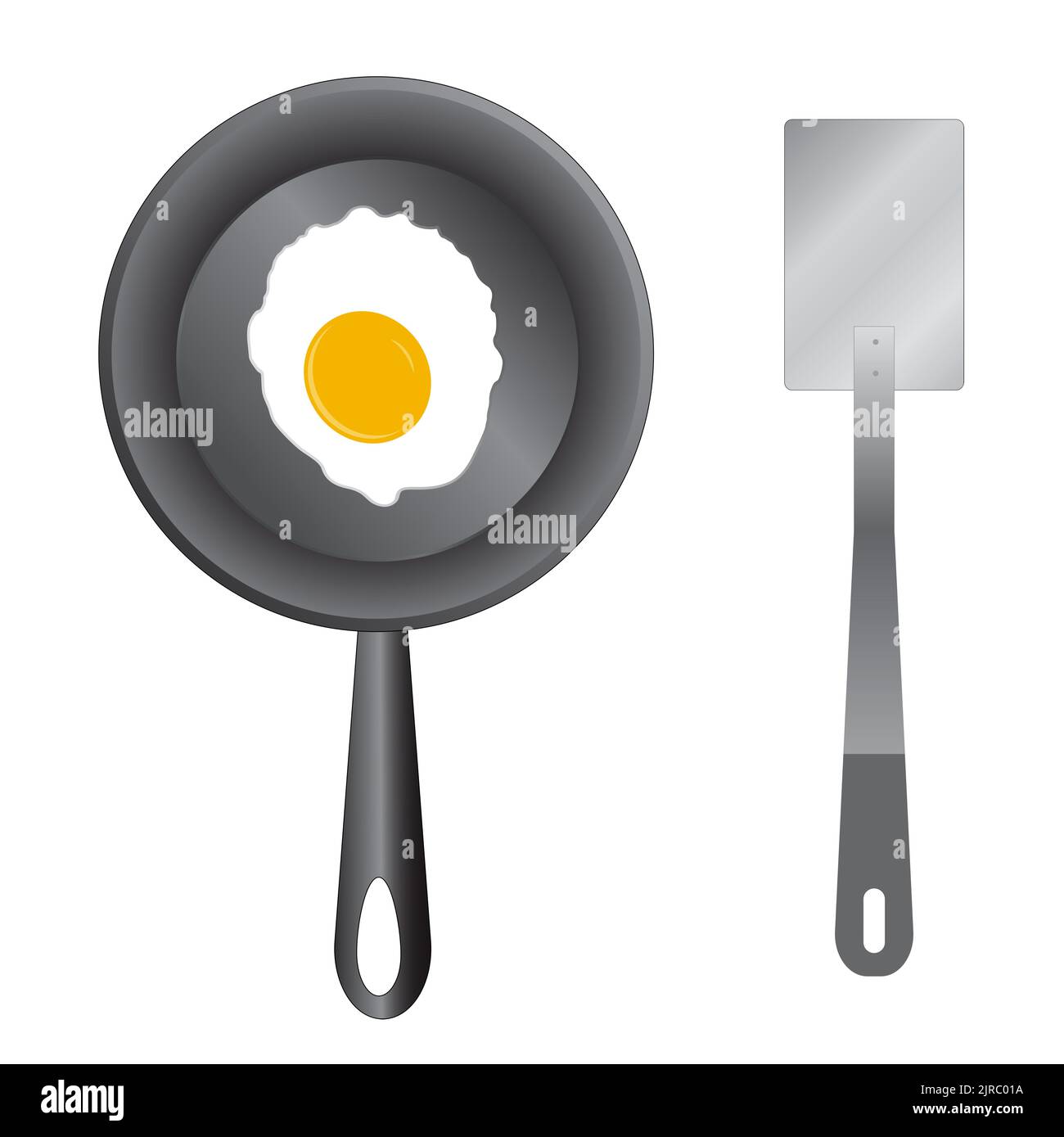 Sunny side up fried egg on a black skillet with a metal spatula - Illustration Stock Photo