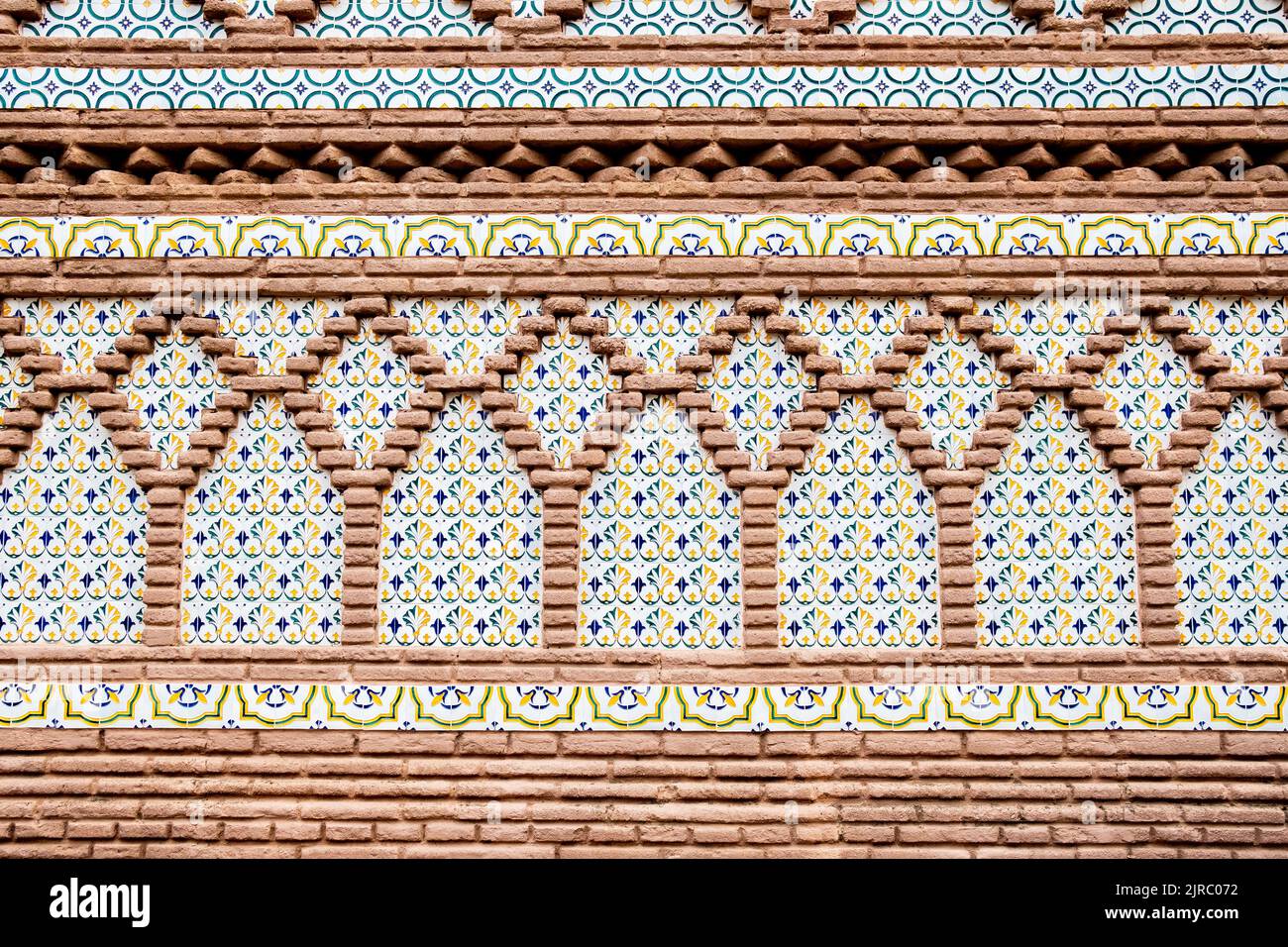 Colorful vintage spanish style ceramic tiles wall decoration. Spanish architecture example of decorations Stock Photo