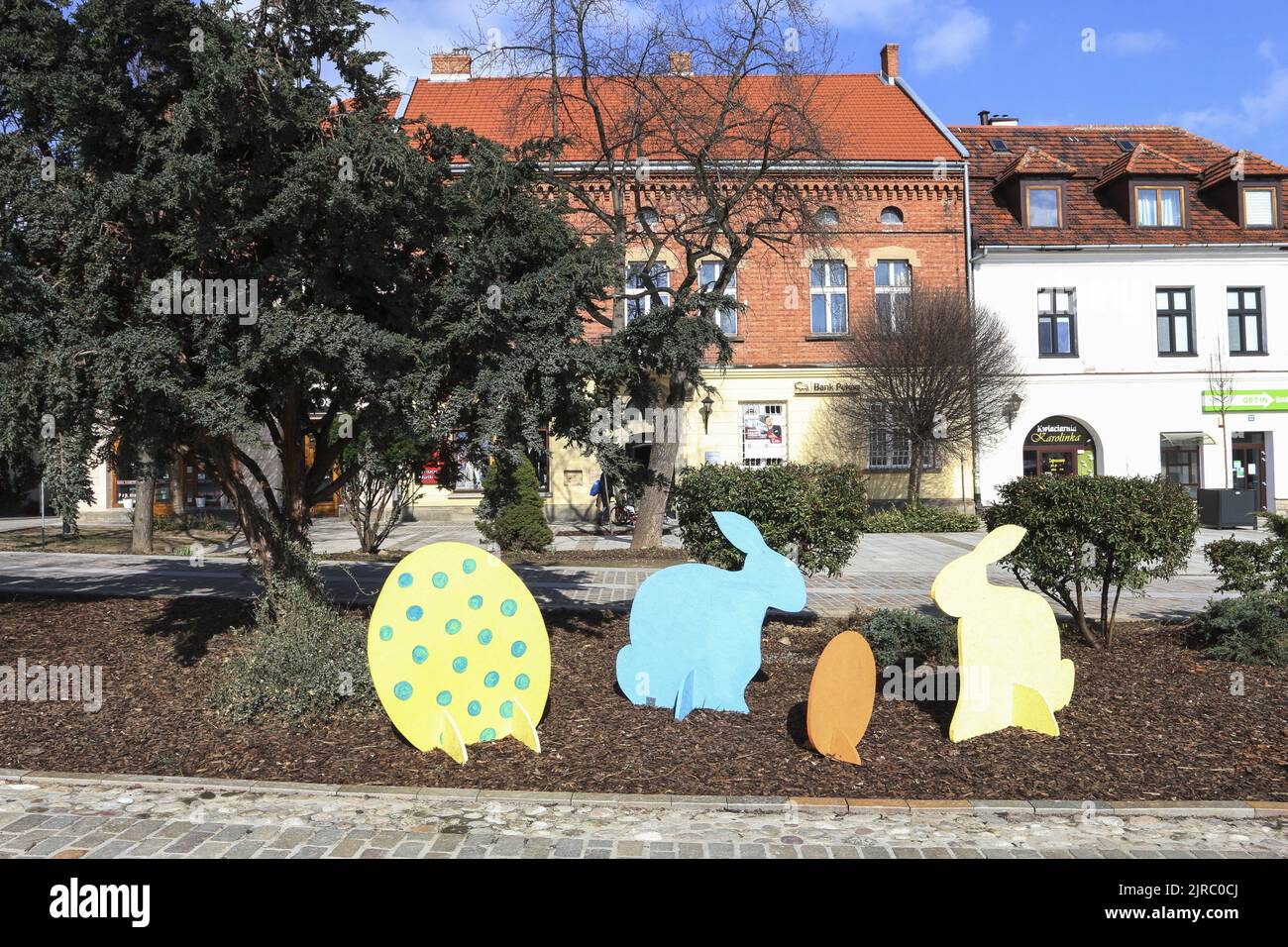 Easter decoration on the main market square in Myslenice, Poland. Stock Photo