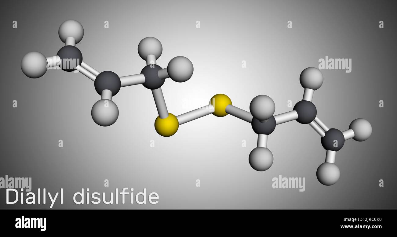 Diallyl disulfide, DADS molecule. It is organic disulfide, found in garlic and other species of the genus Allium. Molecular model. 3D rendering. Illus Stock Photo