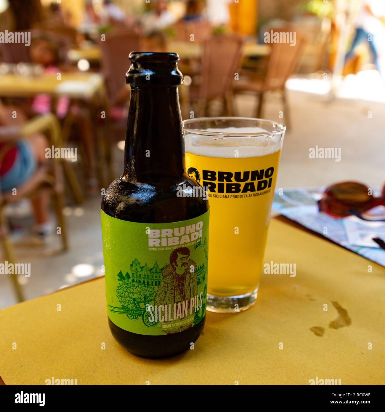 A bottle of Bruno Ribadi, Sicilian-style atrisanal pilsner beer Stock Photo