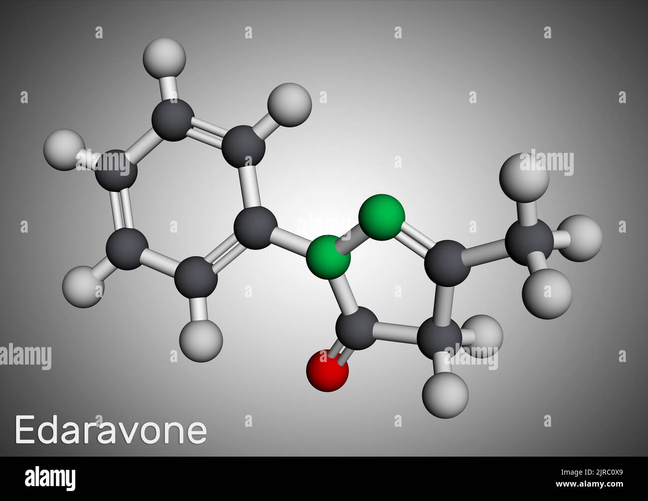 Edaravone molecule. It is used for treatment of amyotrophic lateral sclerosis ALS. Molecular model. 3D rendering. Illustration Stock Photo
