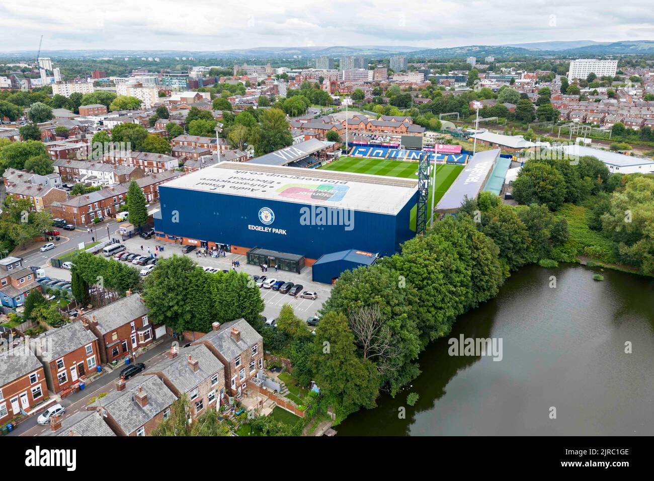 Manchester, UK. 23rd Aug, 2022. An aerial general view (GV) by drone of Edgeley Park before the Carabao Cup Second Round match between Stockport County and Leicester City at Edgeley Park on August 23rd 2022 in Manchester, England. (Photo by Daniel Chesterton/phcimages.com) Credit: PHC Images/Alamy Live News Stock Photo