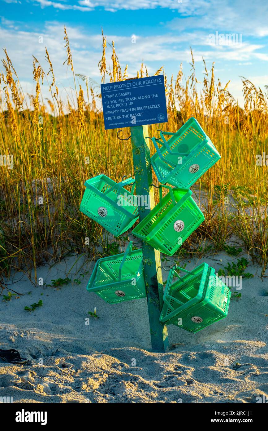 Baskets for beach trash pickup on Hilton Head Island SC Stock Photo Alamy