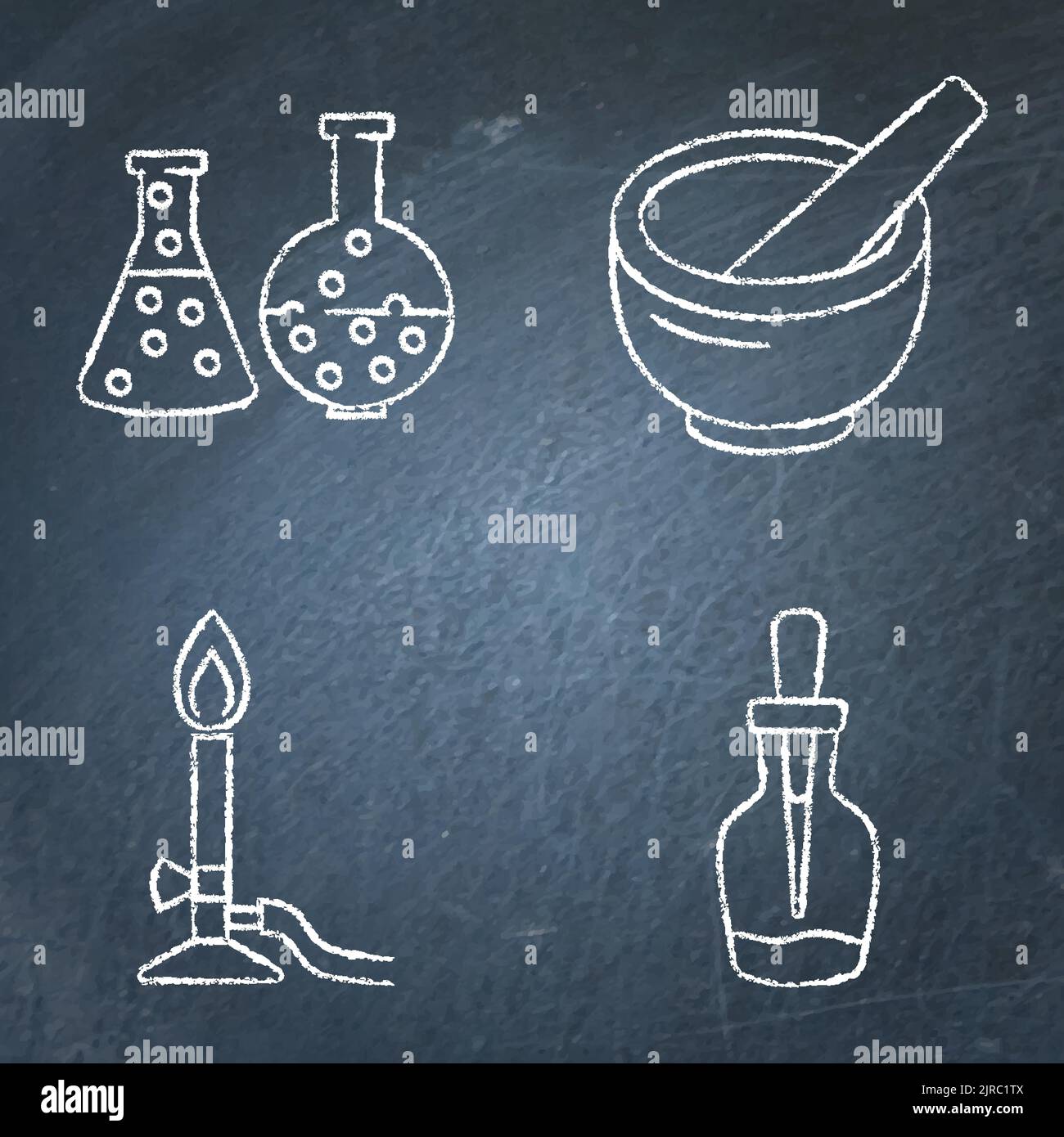 Chemistry science icon set on chalkboard. Chemical laboratory equipment