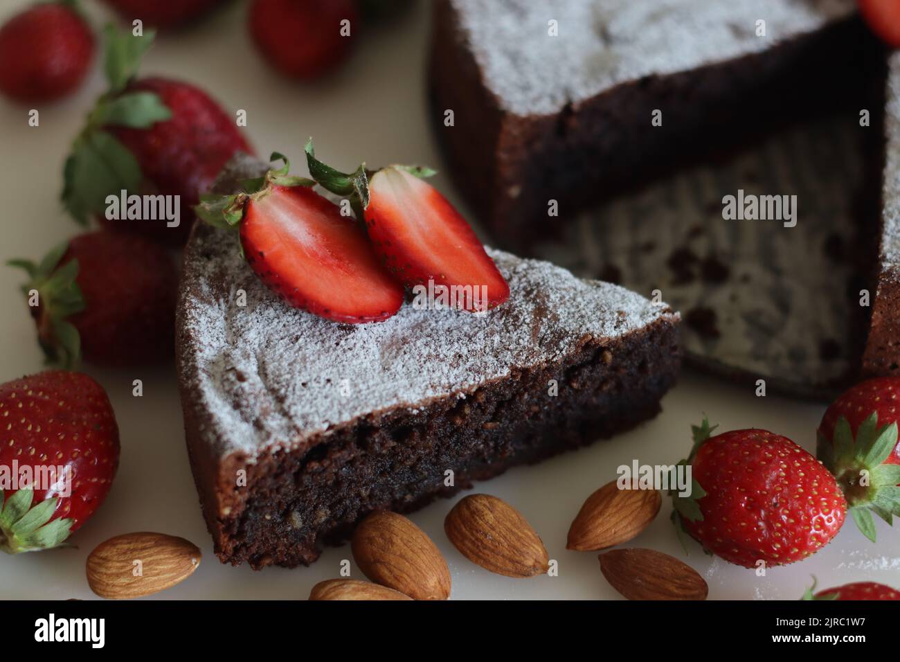 Slices of Torta caprese. Chocolate and almond cake. A yummy chocolaty