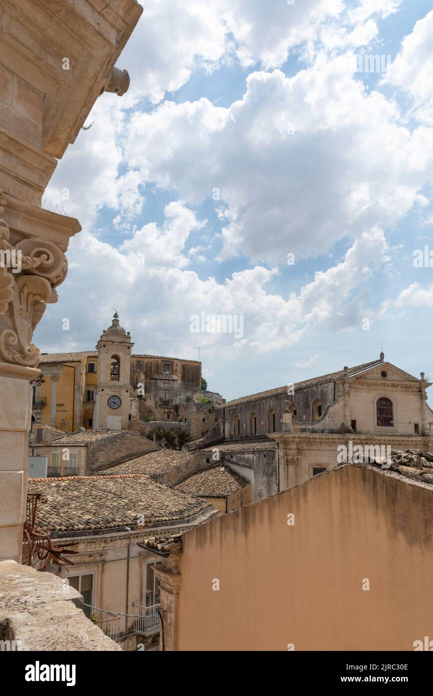 A view over the rooftops showing Chiesa delle Santissime Anime del Purgatorio (dedicated to those praying for souls in Purgatory), Ragusa Ibla, Sicily Stock Photo