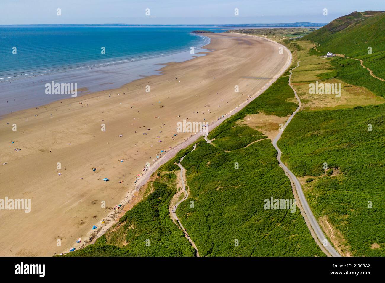 Aerial view of a hugem wide sandy beach at low tide (Rhossili, Gower, Wales Stock Photo Alamy