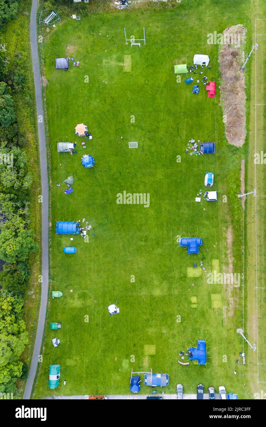 Top down aerial view of a popup campsite in Wales, UK Stock Photo