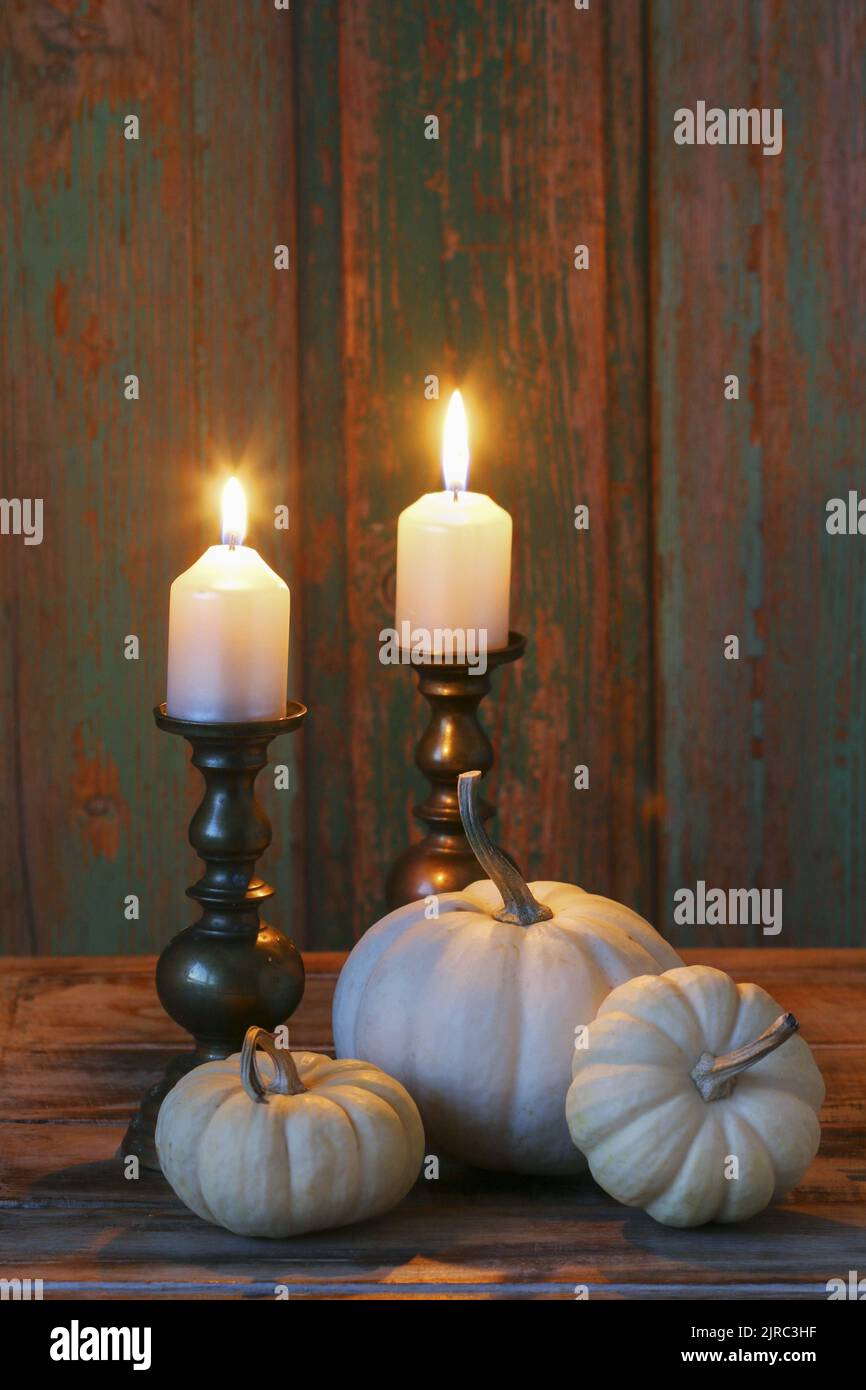White pumpkins and candles on an antique brass candlesticks. In the