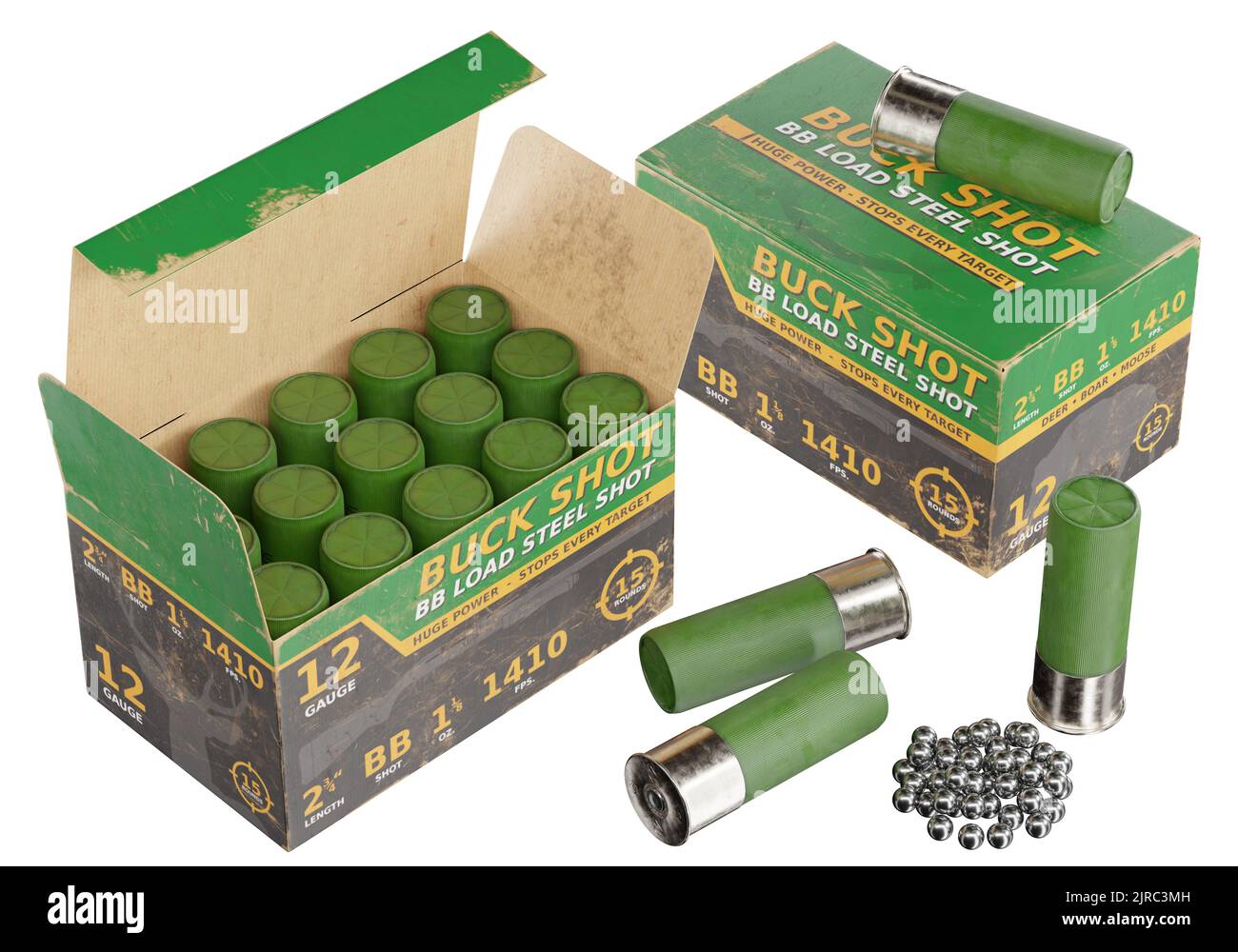 3d render illustration of a shotgun ammunition boxes isolated on white