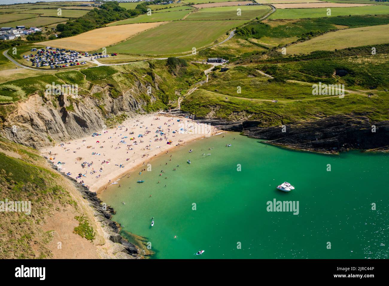 Aerial view of the spectacular sandy beach and bay of Mwnt in Ceredigion, West Wales Stock Photo