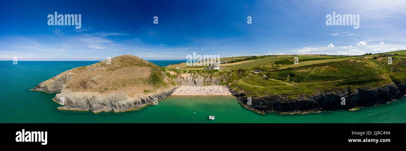 Panoramic aerial view of a beautiful sandy beach and headland (Mwnt, Ceredigion, West Wales) Stock Photo