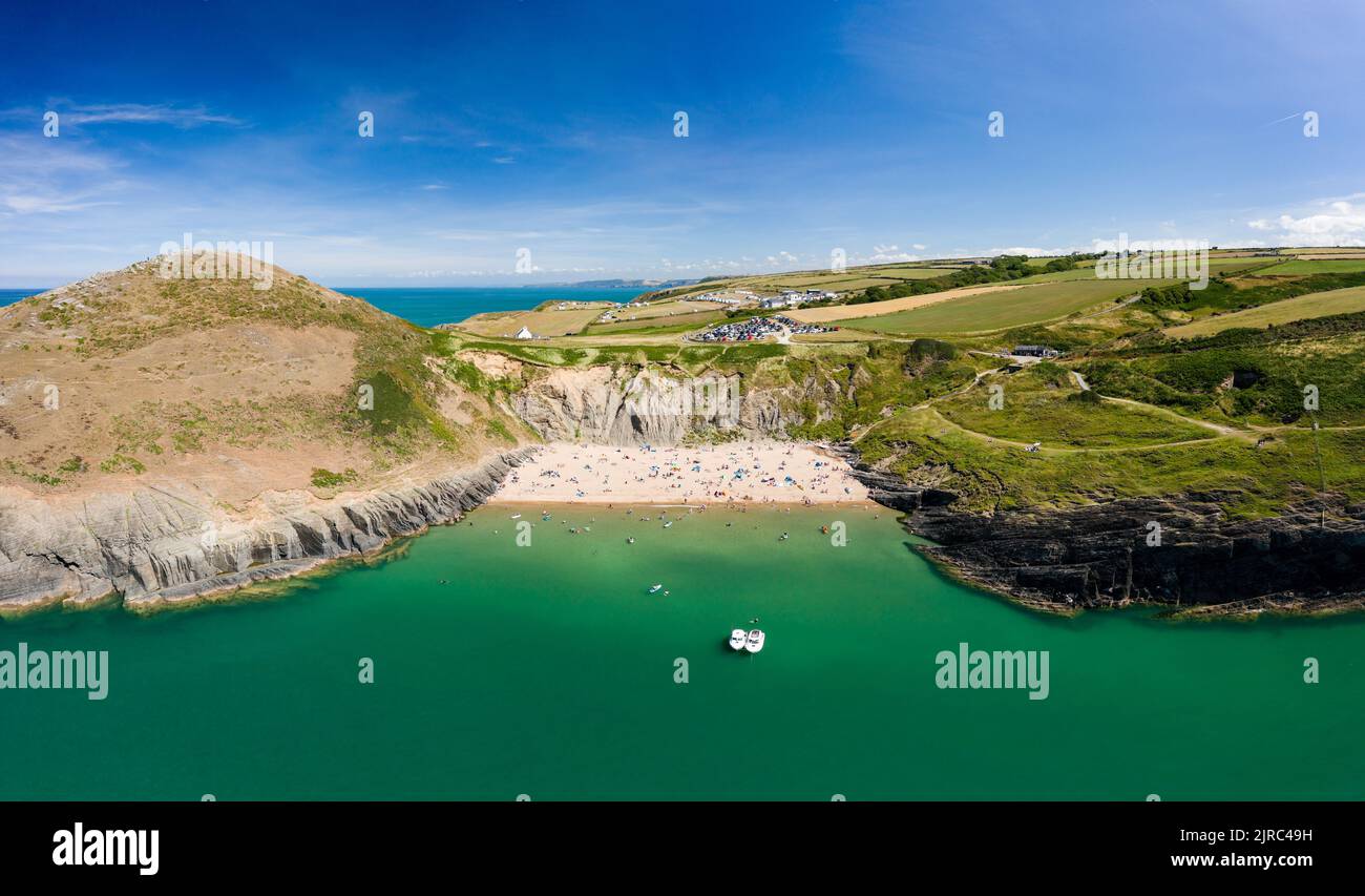 Panoramic aerial view of a beautiful sandy beach and headland (Mwnt, Ceredigion, West Wales) Stock Photo