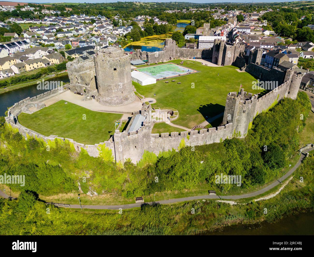 Aerial view of the ruins of historic Pembroke Castle in West Wales, Pembrokeshire Stock Photo