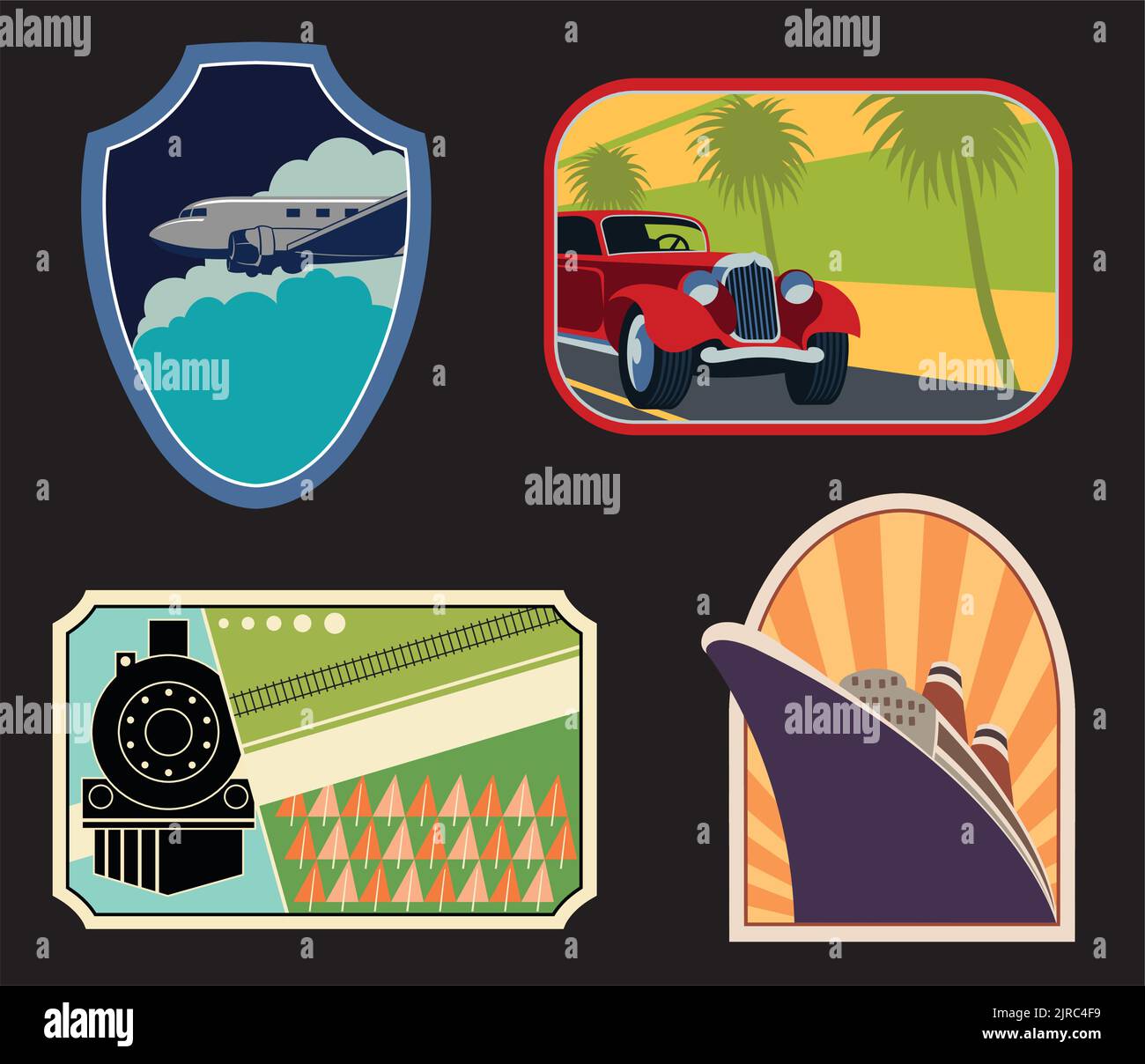 A set of vintage vector blank luggage label designs with a train, plane, boat and car. Stock Vector