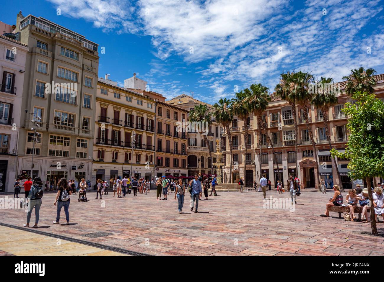 The Constitution Square with beautiful landmarks and tourists in Malaga