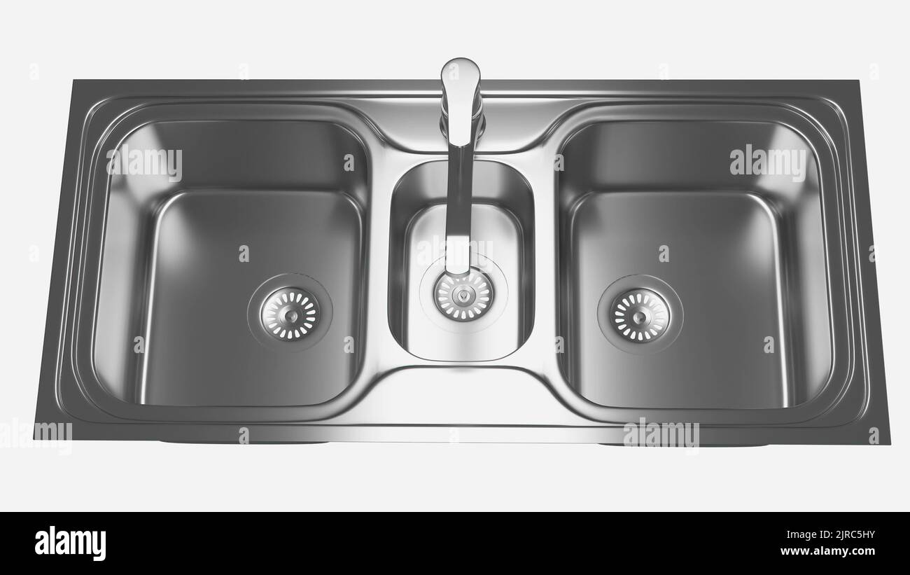 Triple metallic kitchen sink - 3D rendering model Stock Photo
