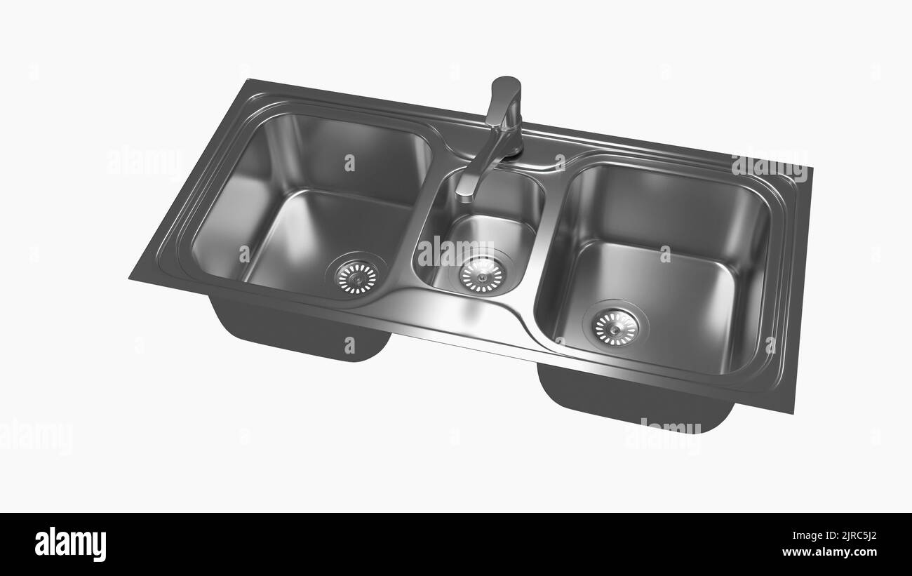 Triple metallic kitchen sink - 3D rendering model Stock Photo