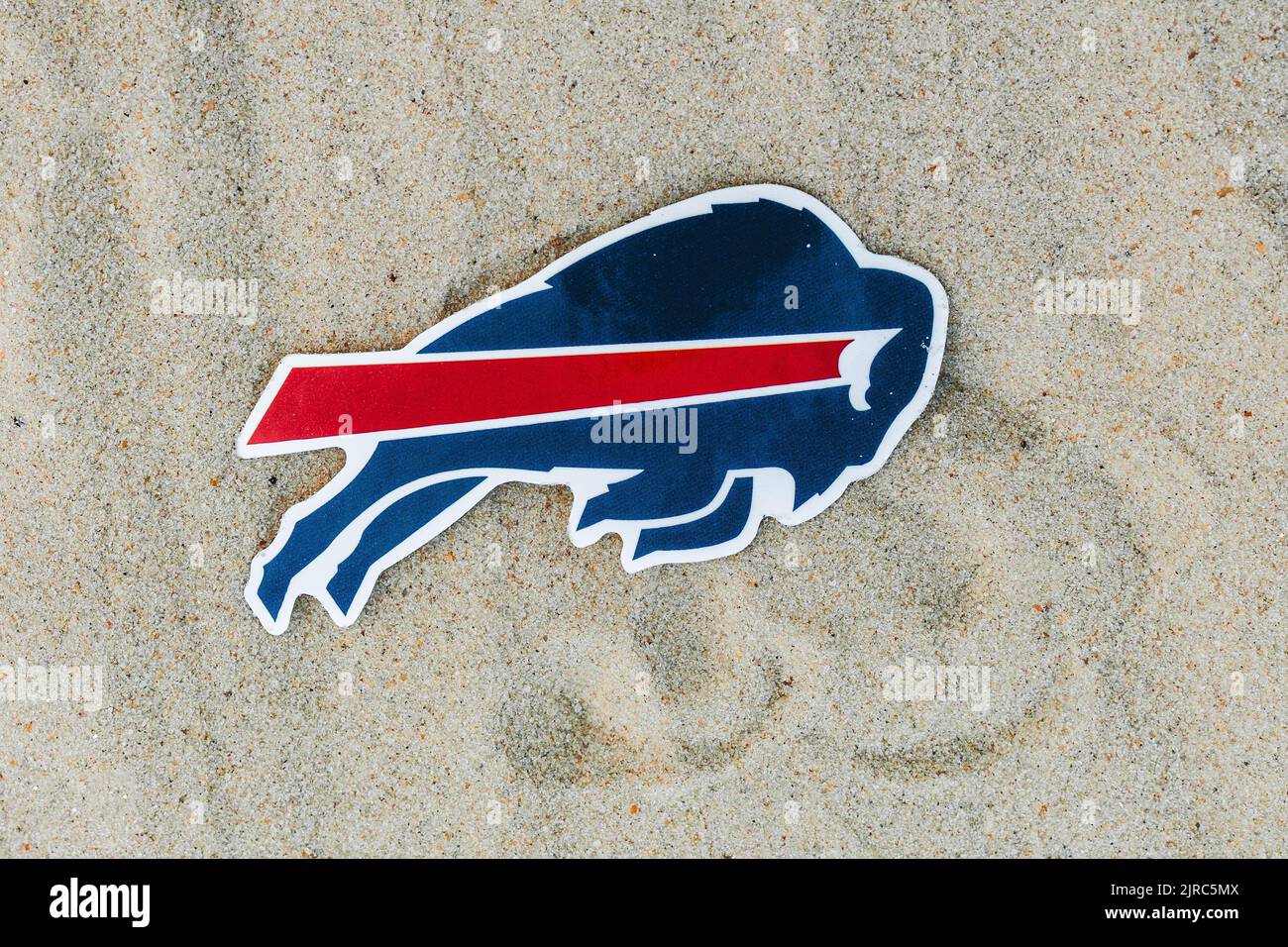 September 15, 2021, Moscow, Russia. The logo of the Buffalo Bills football club on the sand of the beach. Stock Photo
