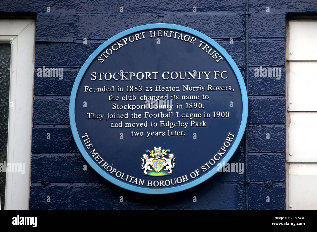 A general view of a Stockport County plaque ahead of the Carabao Cup second round match at Edgeley Park, Stockport. Picture date: Tuesday 23rd August, 2022. Stock Photo