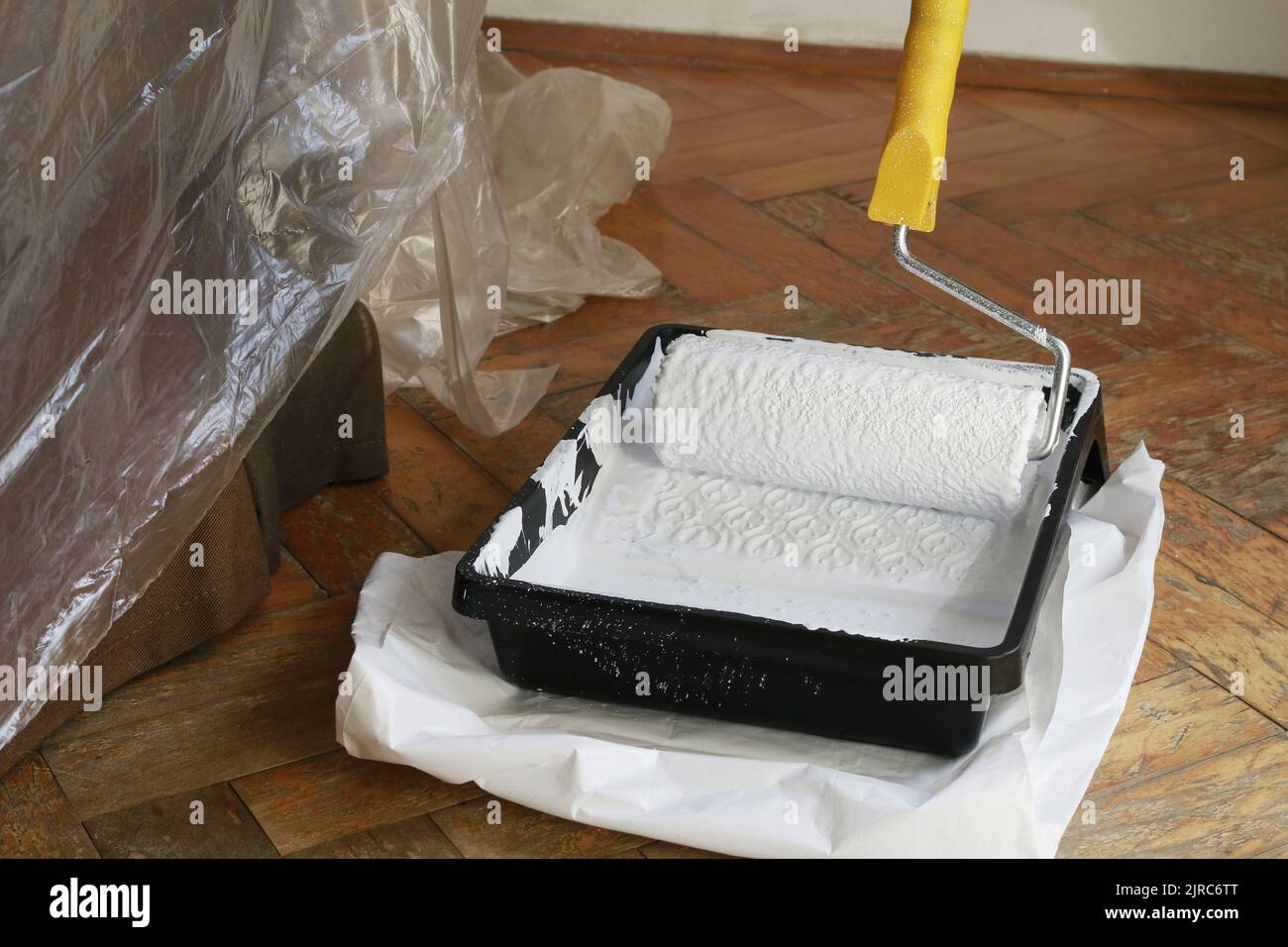 Painting the apartment with a roller. Home renovation Stock Photo