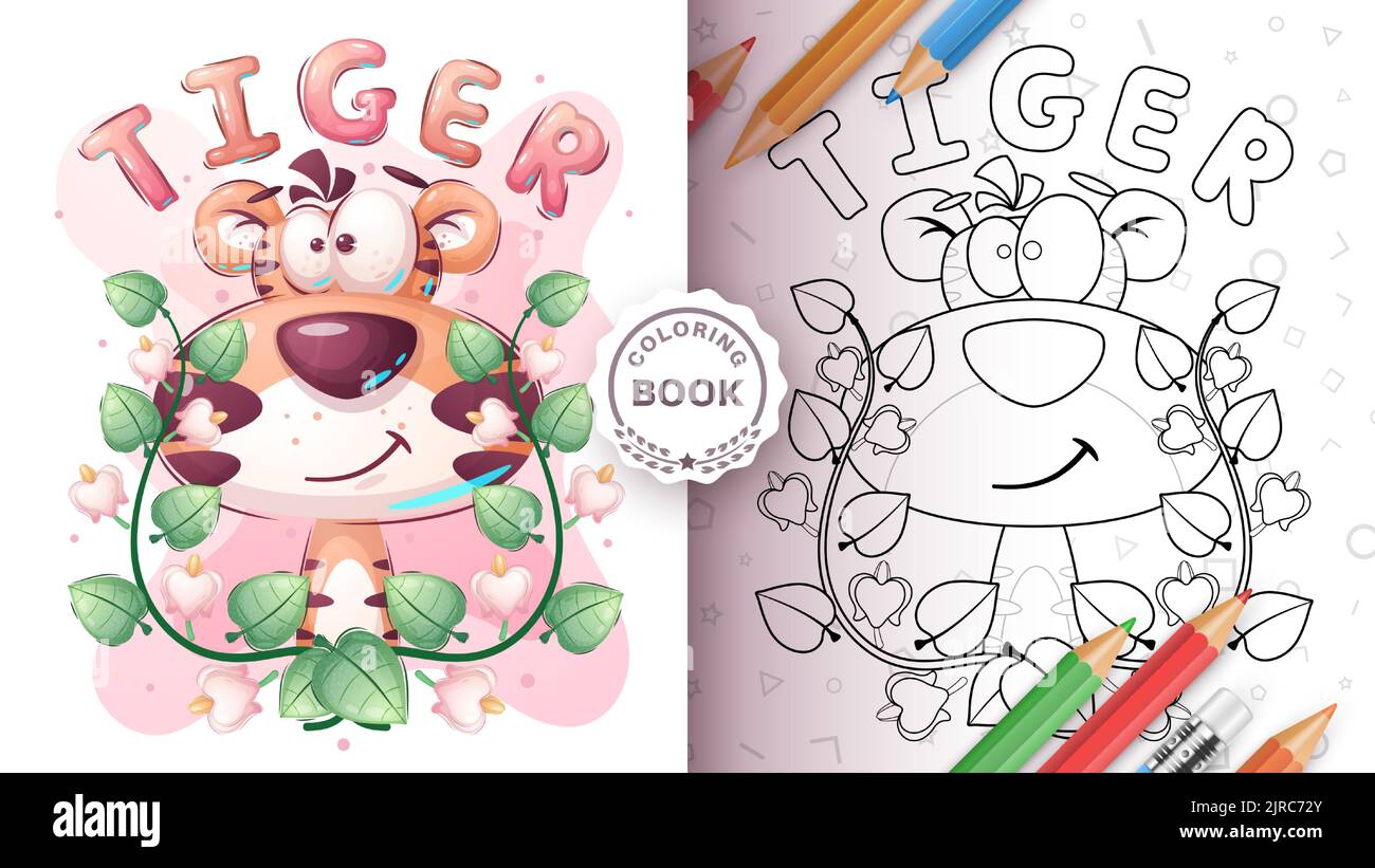 Cartoon character adorable tiger - coloring page Stock Vector Image