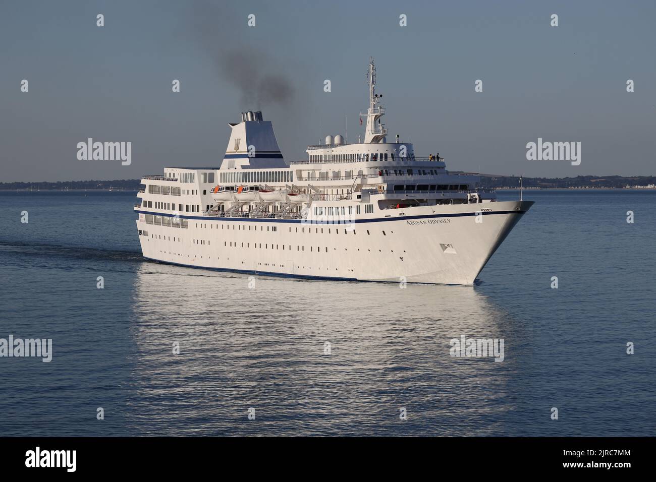 The Voyages to Antiquity cruise ship AEGEAN ODYSSEY arrives at the city in early morning sunshine Stock Photo