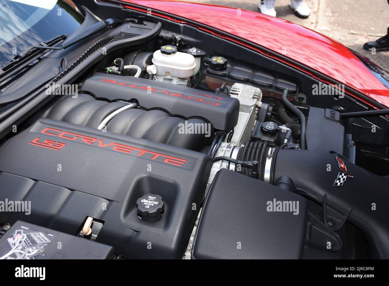 A Corvette LS3 Engine in a C6 Corvette. Stock Photo