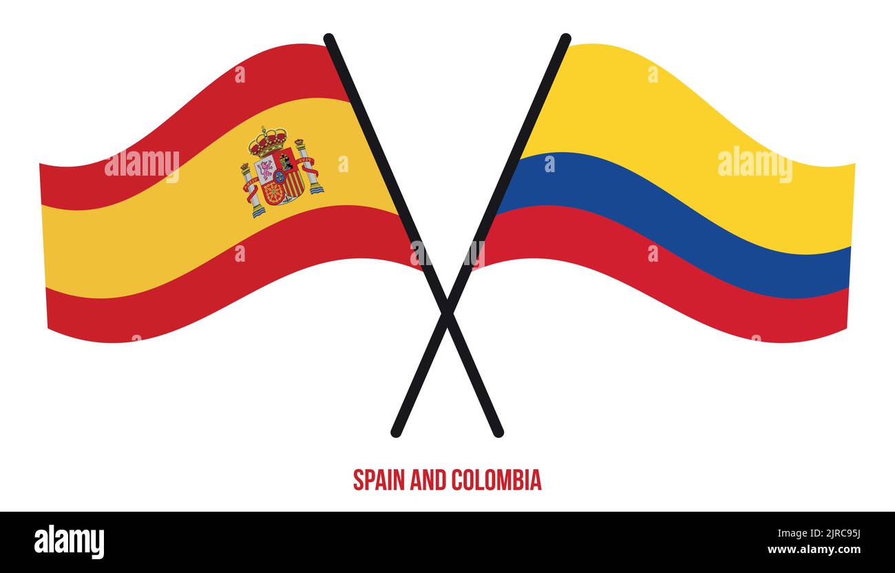 Spain and Colombia Flags Crossed And Waving Flat Style. Official ...