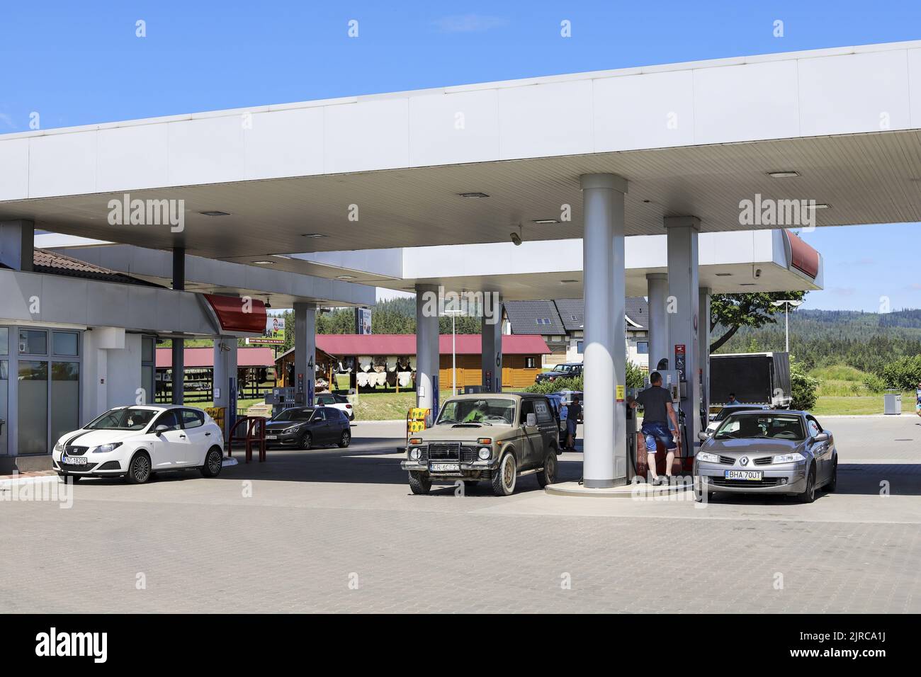 Typical gas station in vivinity of Nowy Targ, Poland. Stock Photo