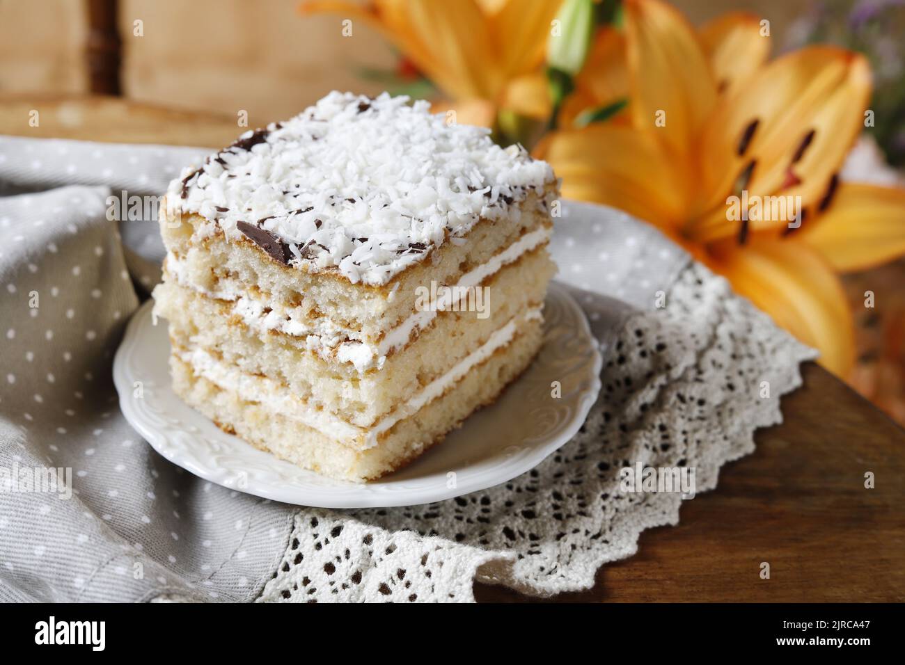 Layer vanilla and chocolate cake. Party dessert Stock Photo