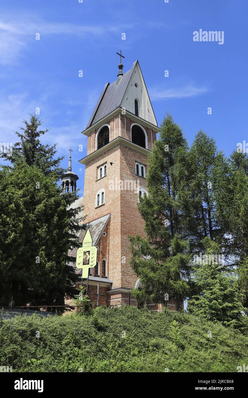 Brick-built belfry for a church in Skomielna Biała, Poland. Stock Photo