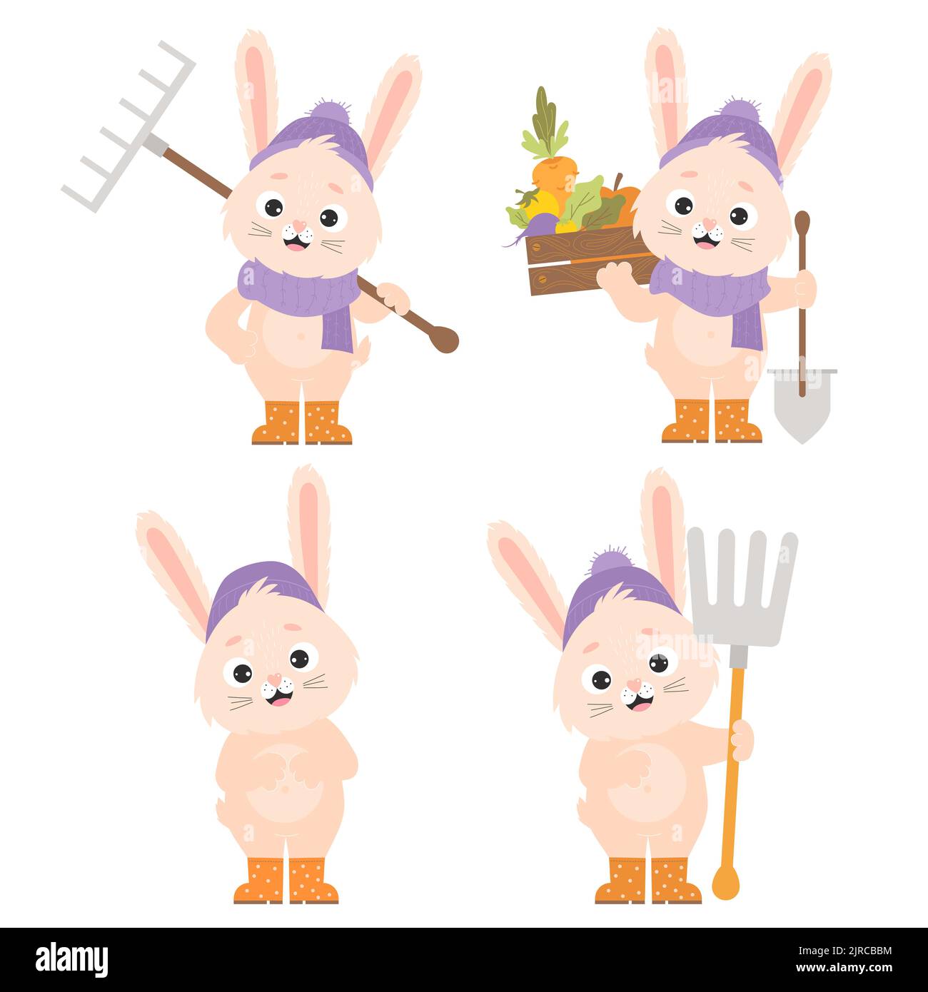 Collection cute cartoon characters of rabbit farmers. Happy bunnies in hat and rubber boots with rake, pitchfork and shovel and vegetable harvest wood Stock Vector