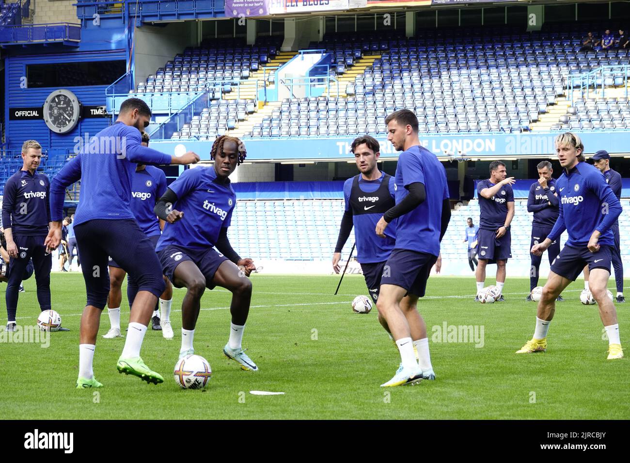 Fulham, London, UK. 23rd Aug, 2022. Chelsea Football Club first team players train at their home ground, Stamford Bridge, in front of fans at an 'Open Day training' session. Credit: Motofoto/Alamy Live News Stock Photo