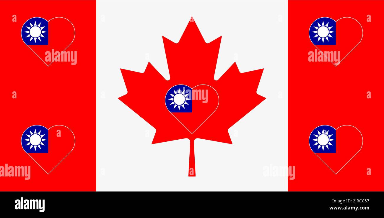 Flag of Taiwan in the form of a heart on the flag of Canada. Allied support for Taiwan. Flat double flag - illustration. Stock Photo