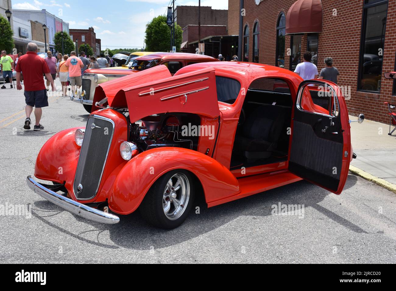A 1935 Chevrolet Master Deluxe Coupe on display at a car show. Stock Photo