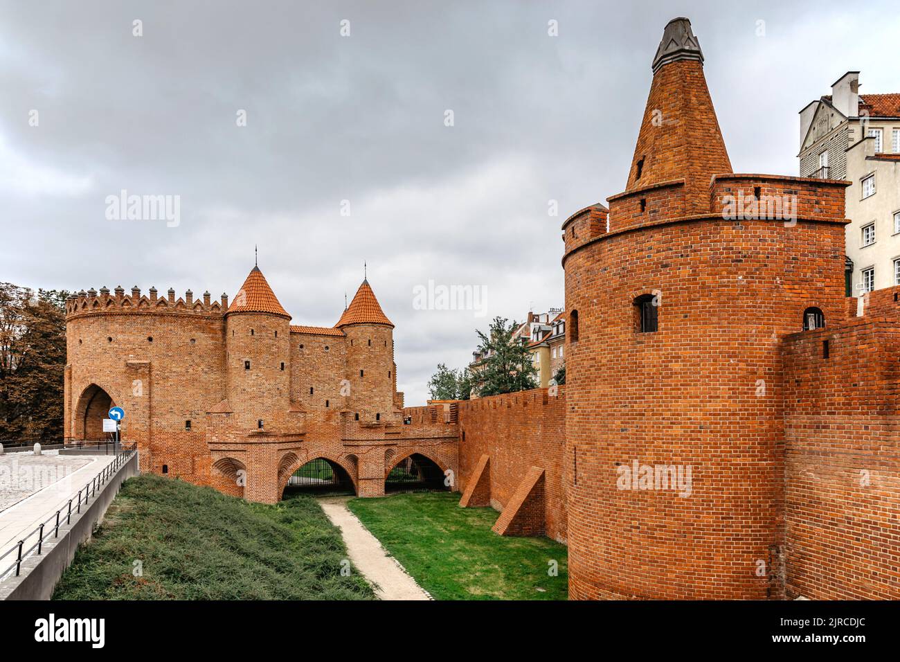 Warsaw Barbican,Poland.Network of hitoric walls, fortifications, and gates that surrounded the city.Shape as a three-level semicircular bastion.Towers Stock Photo