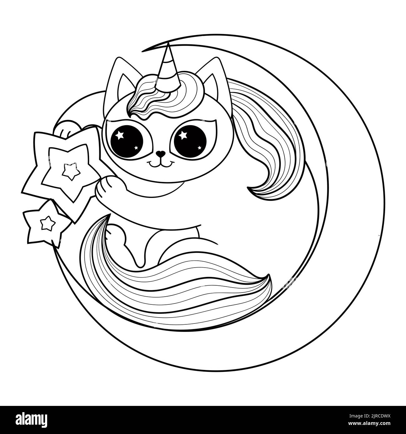 Cute unicorn cat on a half moon. Black and white linear drawing. Vector Stock Vector